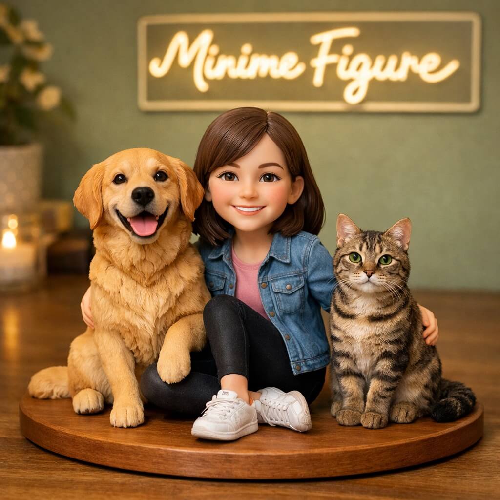 Custom 3D printed figure with pet dog and cat